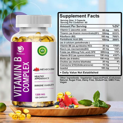 Vitamin B Complex Capsules All B Vitamin Including(B1, B2, B3, B5, B6,B12) for Reduce Stress, Energy and Healthy Immune System Vegan Supports