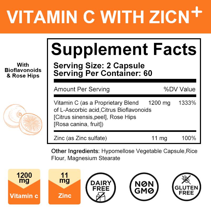 LUKAREE High Dose Extra Strength 1200mg Vitamin C + Zinc Complex for Immune Support Health and Powerful Antioxidant
