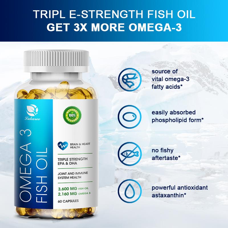 Triple Strength Deep Sea Oil Omega 3 Supplement, Fish Oil 3600mg EPA And DHA for Supports Heart Brain Health Antioxidant Improve concentration