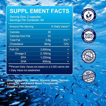 Triple Strength Deep Sea Oil Omega 3 Supplement, Fish Oil 3600mg EPA And DHA for Supports Heart Brain Health Antioxidant Improve concentration