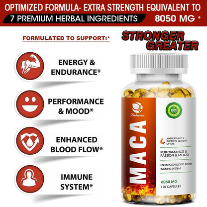 7 in1 Organic Maca Root Powder Capsules with Peruvian Maca Root Extract, Ashwagandha and More Equivalent 8050mg - Natural Energy, For Men and Women, Reproductive Health