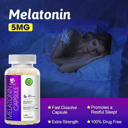 Melatonin Capsules 5G 100% Drug Free Sleep Aid, Dietary Supplement, Promotes Relaxation and Sleep