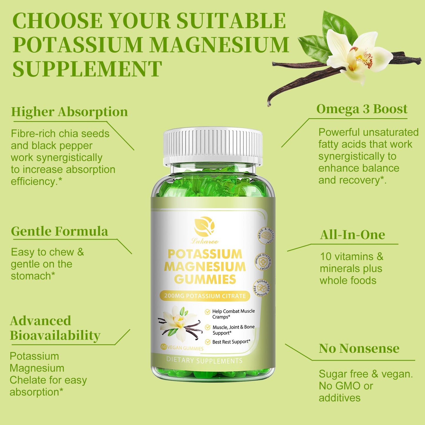 Magnesium Potassium Supplement Gummies - New Flavor Calm Magnesium Glycinate Gummies 500mg & Potassium Citrate 200mg Plus Omega 3, B6, D3, K2 & Calcium for Zzz, Leg Cramps & Muscle - 120 Gummies