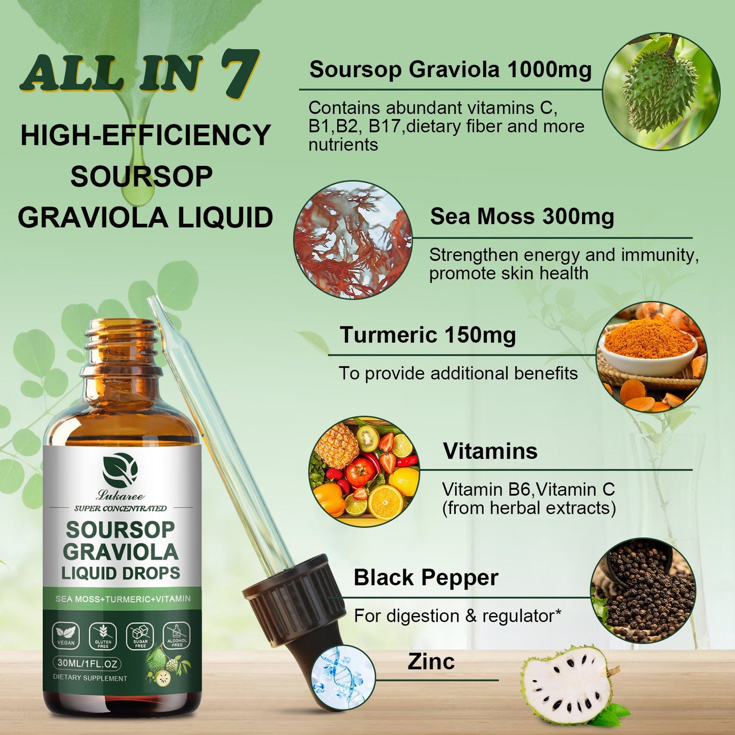 Soursop Graviola Leaf Extract Liquid Drop Plus Pure Botanical Sea Moss for Cell Support & Regeneration, Immunity, Liver, Zzz & Antioxidant - Soursop Bitters Liquid, 2 Month Supply, 1 Fl Oz