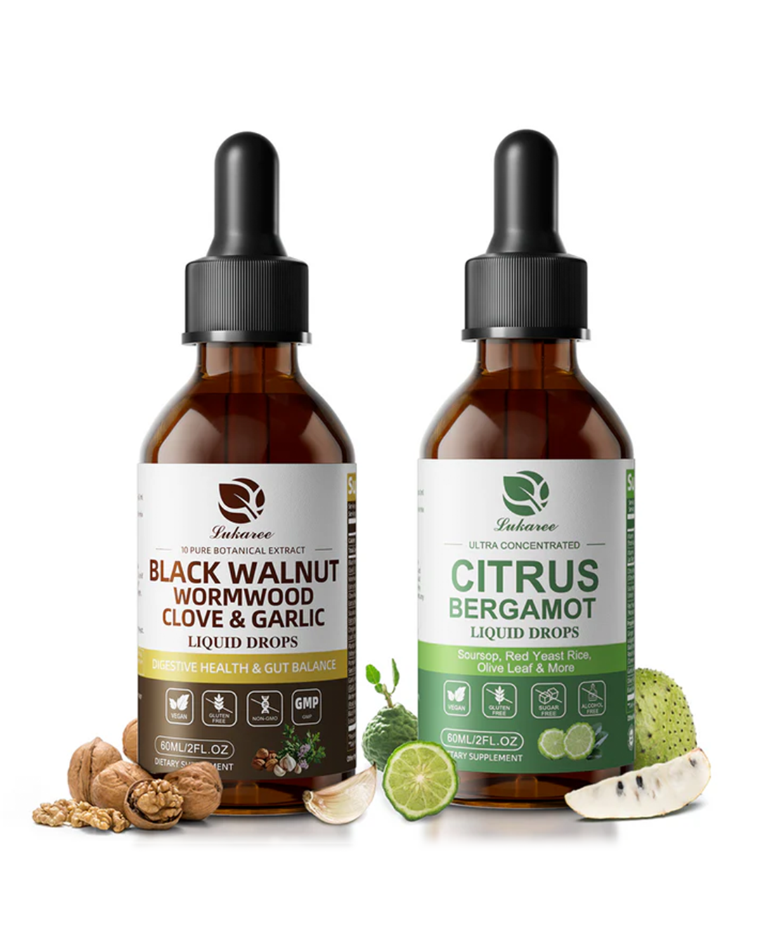 Lukaree total health Care Duo — Citrus Bergamot + Black Walnut Wormwood Liquid Drops| Cholesterol Care • Gut Cleanse & Detox • Whole-Body Vitality