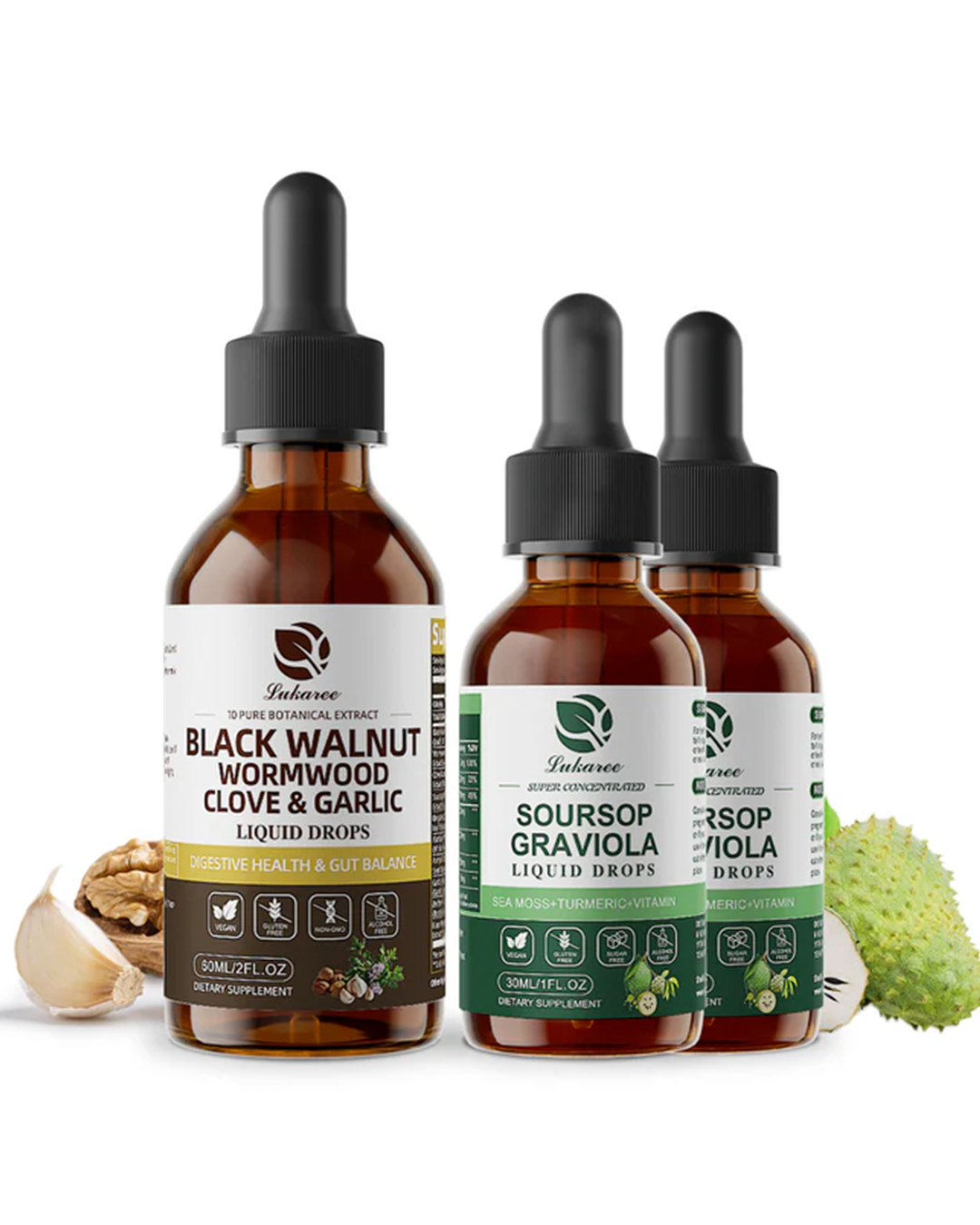 Lukaree Detox & Nourish Pack – Black Walnut Wormwood & Soursop Liquid Drops | Gut Cleanse & Detox + Antioxidant Support
