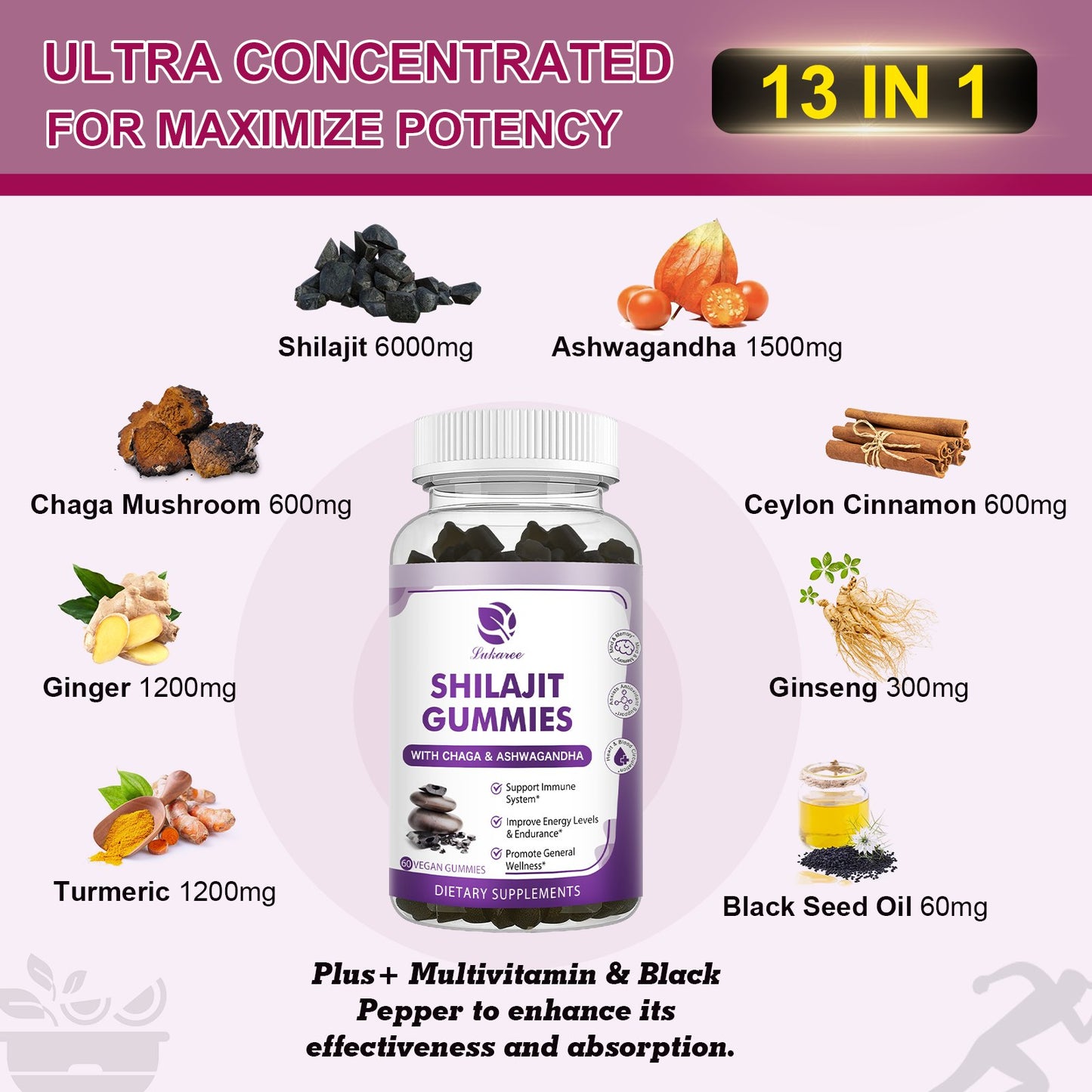 Shilajit Supplement Gummies with Black Seed Oil, Extra Strength Himalayan Resin Pure Organic 13-in-1 Complex Chewables - for Energy, Cognitive & Immunity Support - Shilajit for Men & Women