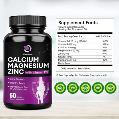 Calcium Magnesium Zinc with Vitamin D3 Supplement, Promotes Healthy Bones and Teeth - Supports Nerve & Muscle Function, Easy to Swallow Capsules, 60 Servings, 120 VegCaps