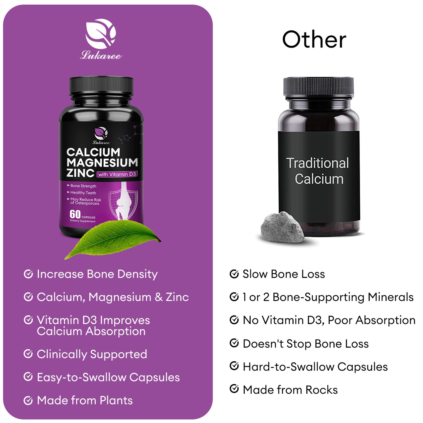 Calcium Magnesium Zinc with Vitamin D3 Supplement, Promotes Healthy Bones and Teeth - Supports Nerve & Muscle Function, Easy to Swallow Capsules, 60 Servings, 120 VegCaps