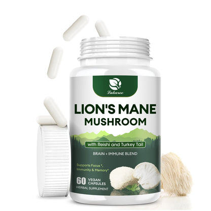 Lukaree Mushroom Supplement with Lion' s Mane, Reishi, Turkey Tail, Nootropic Brain Booster For Focus, Memory, Clarity, Energy, Liver Support, Mushroom Powder Extract Vegan Capsules, 60 Counts
