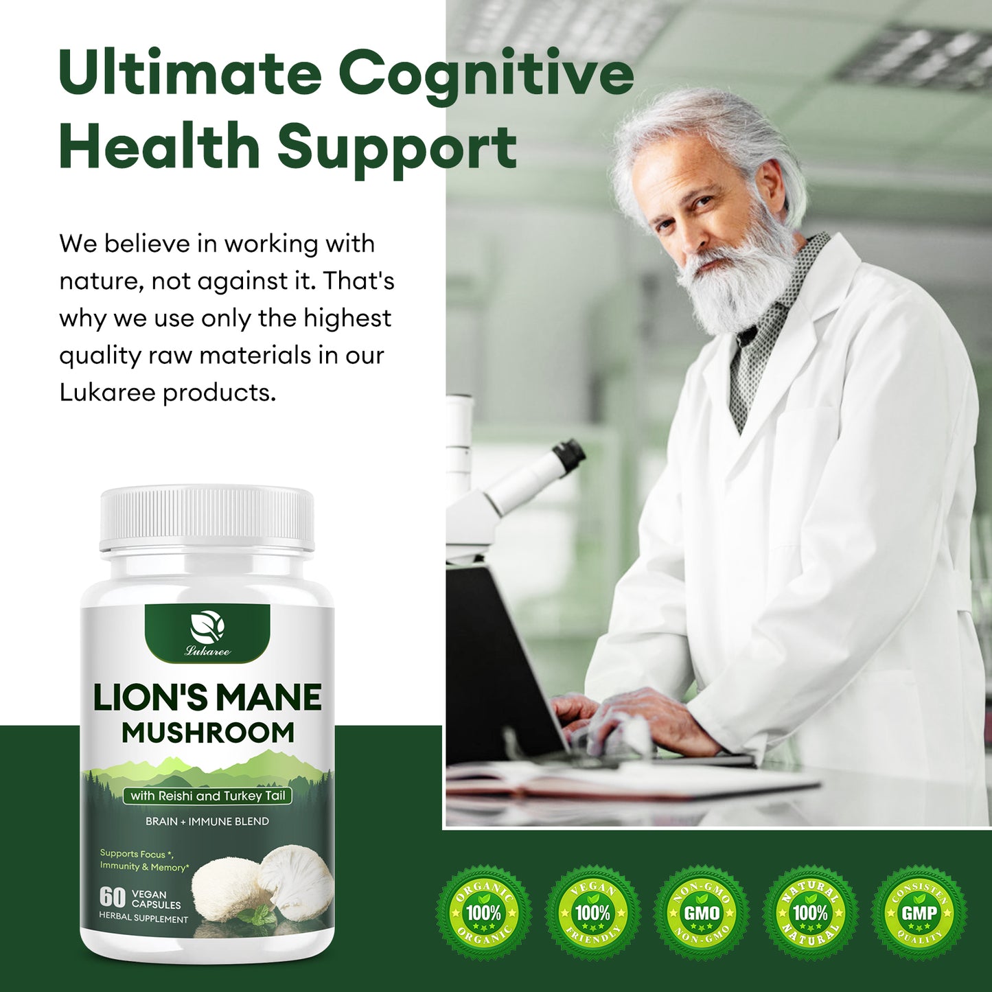 Lukaree Mushroom Supplement with Lion' s Mane, Reishi, Turkey Tail, Nootropic Brain Booster For Focus, Memory, Clarity, Energy, Liver Support, Mushroom Powder Extract Vegan Capsules, 60 Counts