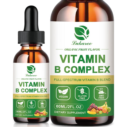 Vitamin B Complex Liquid Drops, Sublingual B Complex Vitamin Supplement for Men, Women, Vegan, Best for Healthy Hair Skin Nails, Include B3, B6, B7, B9, B12, Non-GMO, Gluten Free, 2 Fl Oz