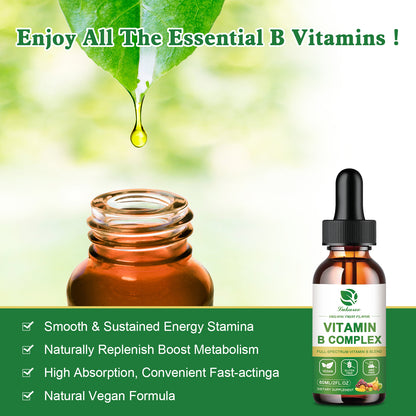 Vitamin B Complex Liquid Drops, Sublingual B Complex Vitamin Supplement for Men, Women, Vegan, Best for Healthy Hair Skin Nails, Include B3, B6, B7, B9, B12, Non-GMO, Gluten Free, 2 Fl Oz