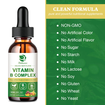 Vitamin B Complex Liquid Drops, Sublingual B Complex Vitamin Supplement for Men, Women, Vegan, Best for Healthy Hair Skin Nails, Include B3, B6, B7, B9, B12, Non-GMO, Gluten Free, 2 Fl Oz